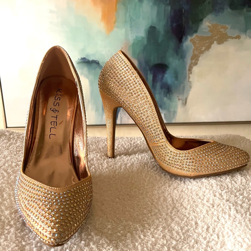 Kiss & Tell Gold Rhinestone Heels